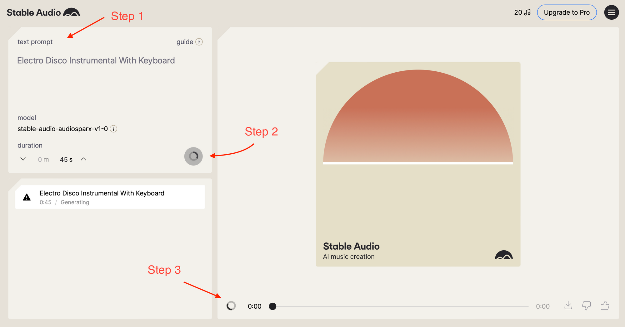 Stable Audio User Interface: Converting text to music