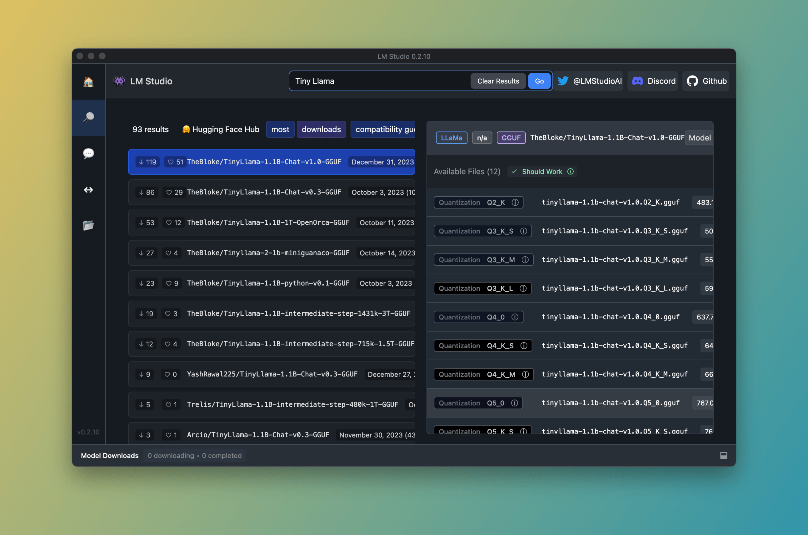 LM Studio search results for Tiny Llama
