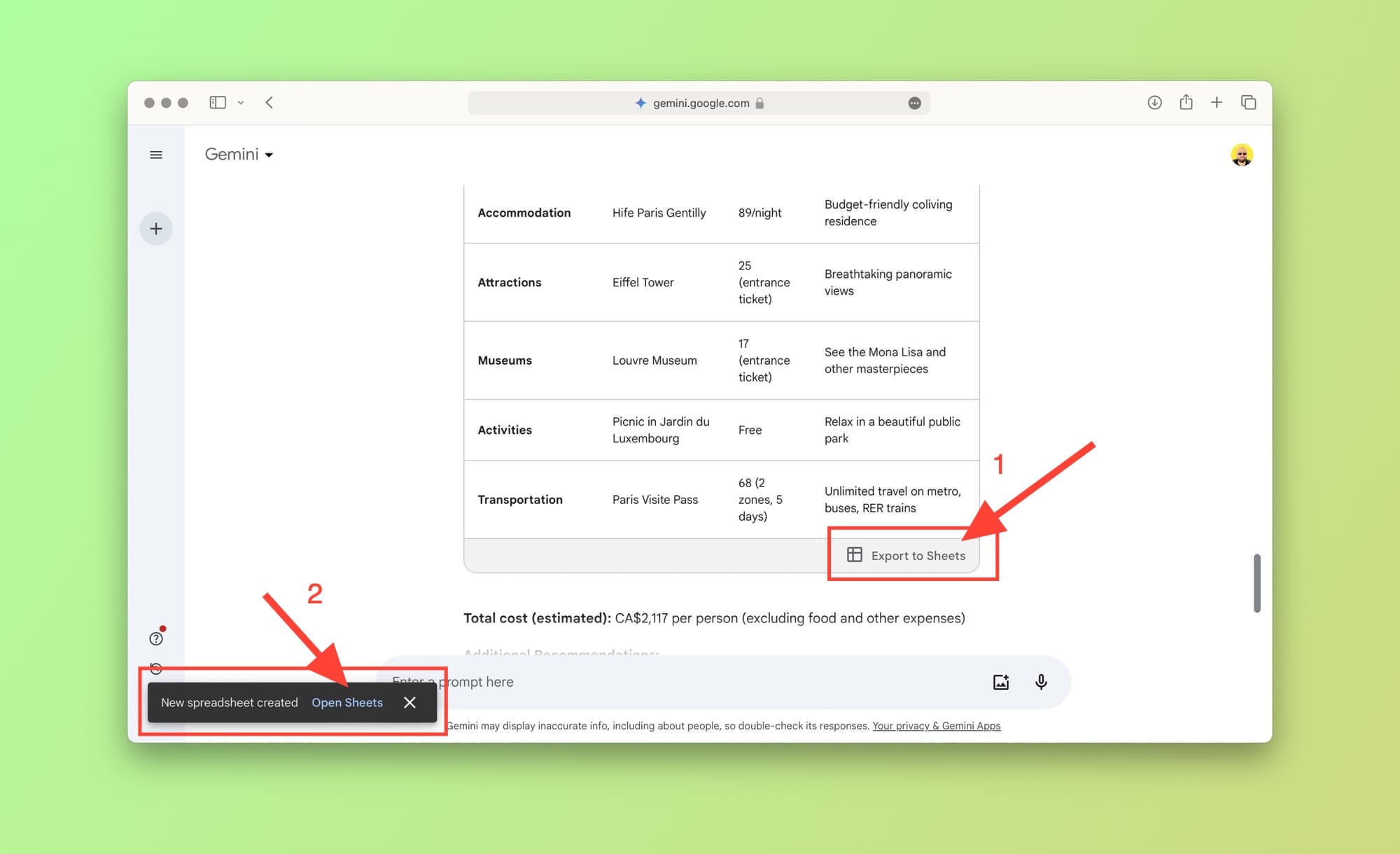 Converting Gemini travel plan into a sharable Google Sheets