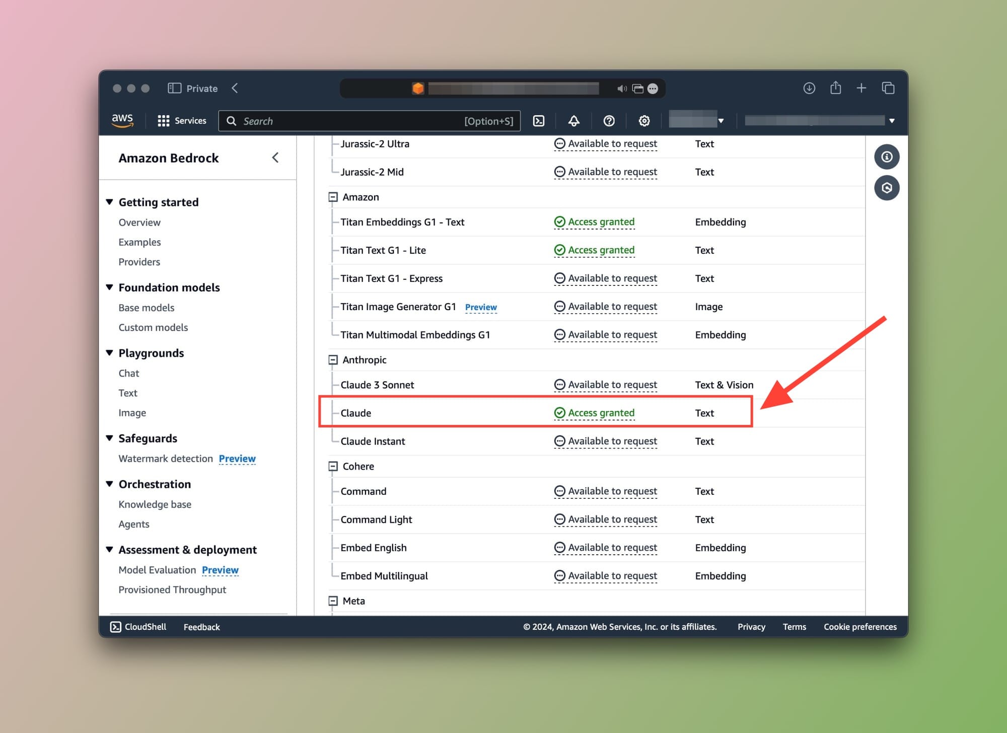 Bedrock model access: Access granted to Anthropic's Claude Foundation model