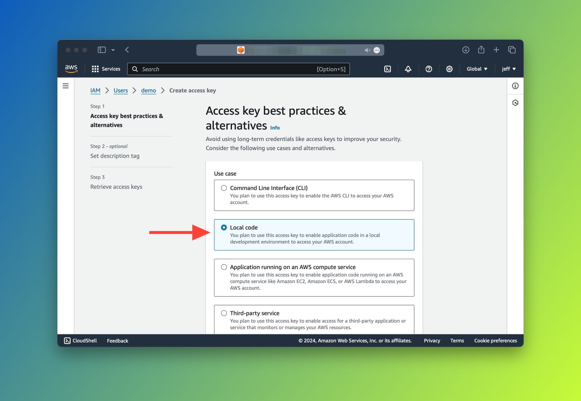 IAM Screen: Best practices screen when creating access keys