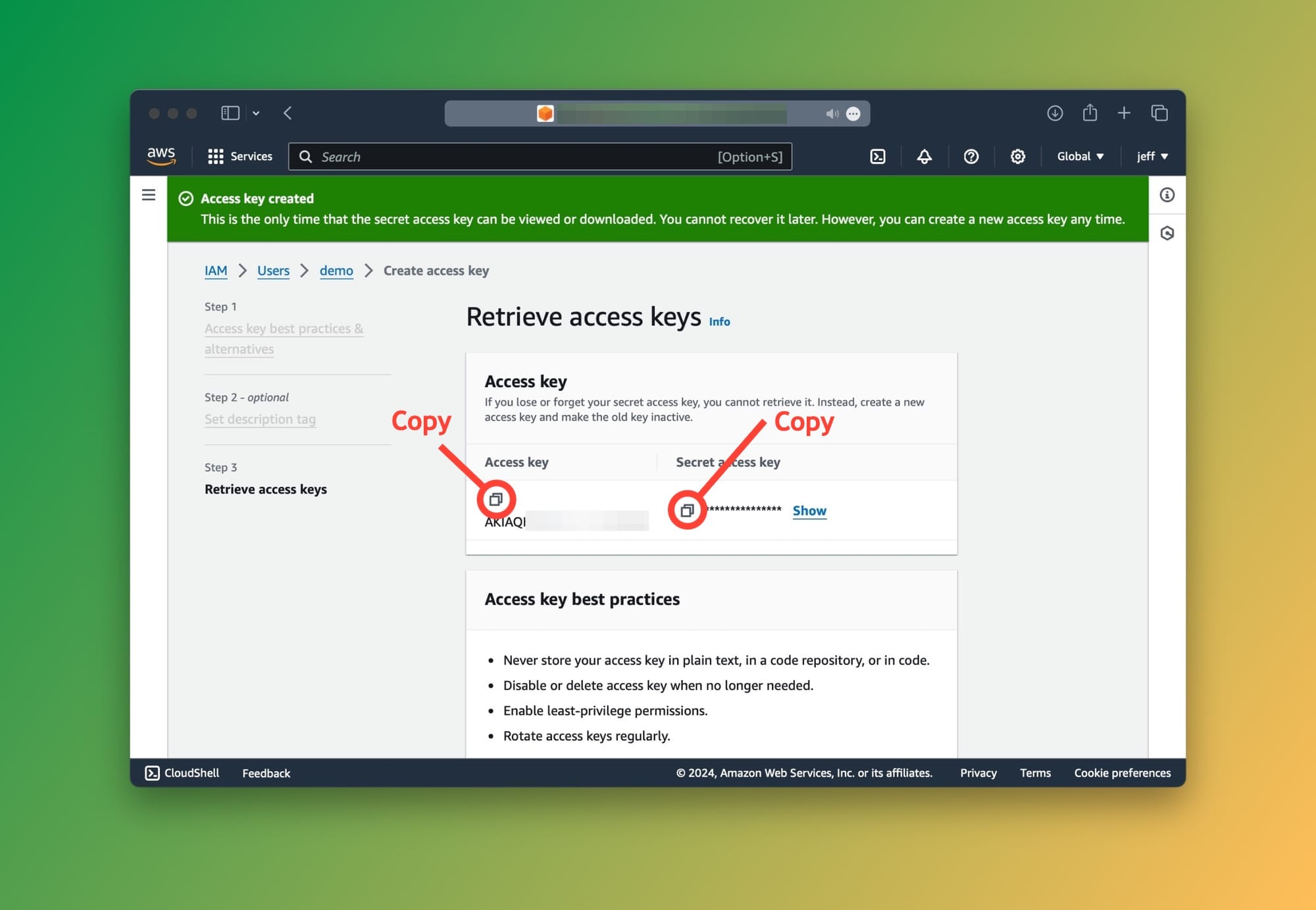 IAM Screen: Retrieving access keys to use as AWS authentication credentials