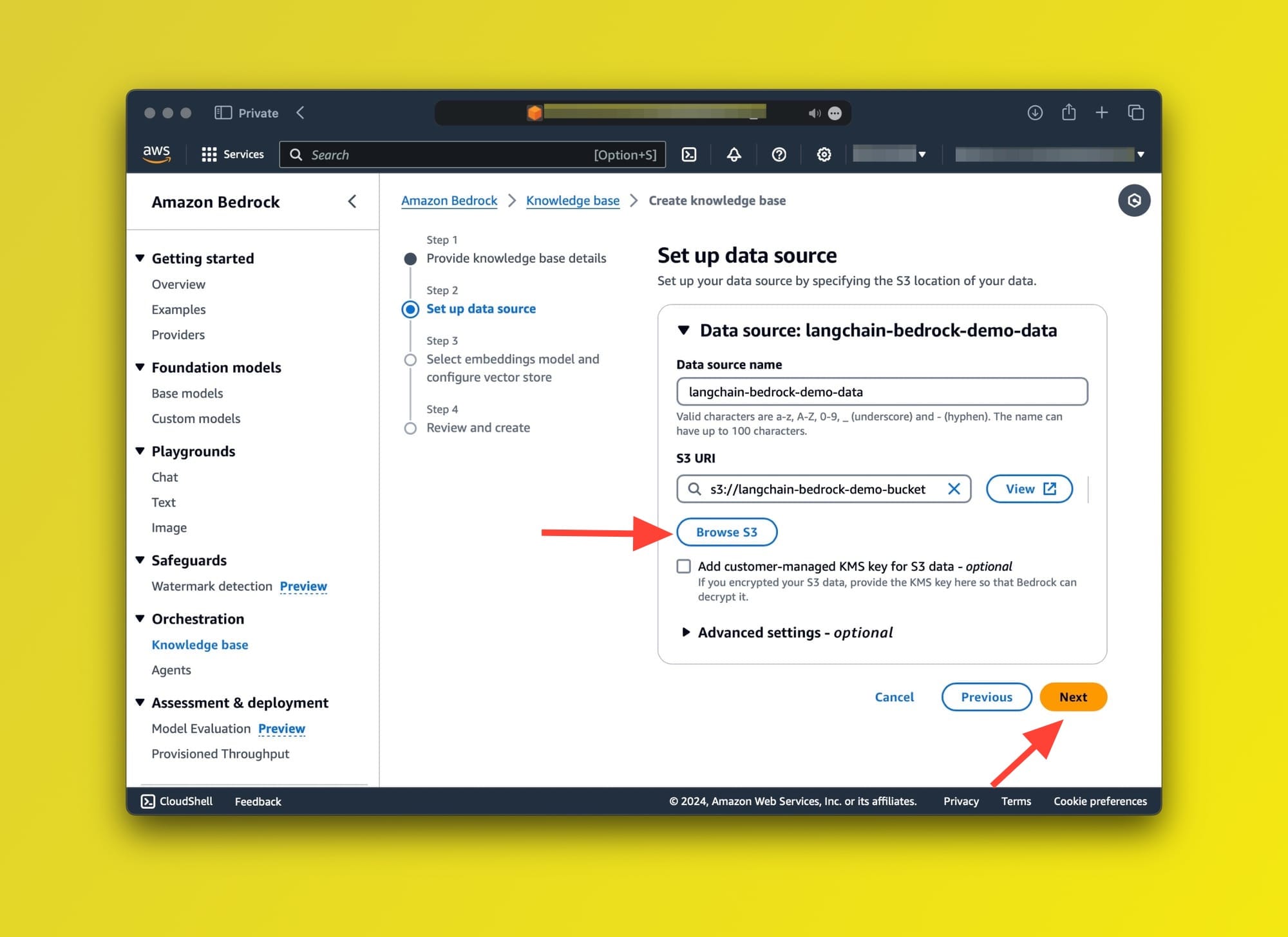 Setting up Knowledge Base data source and choosing S3 Bucket