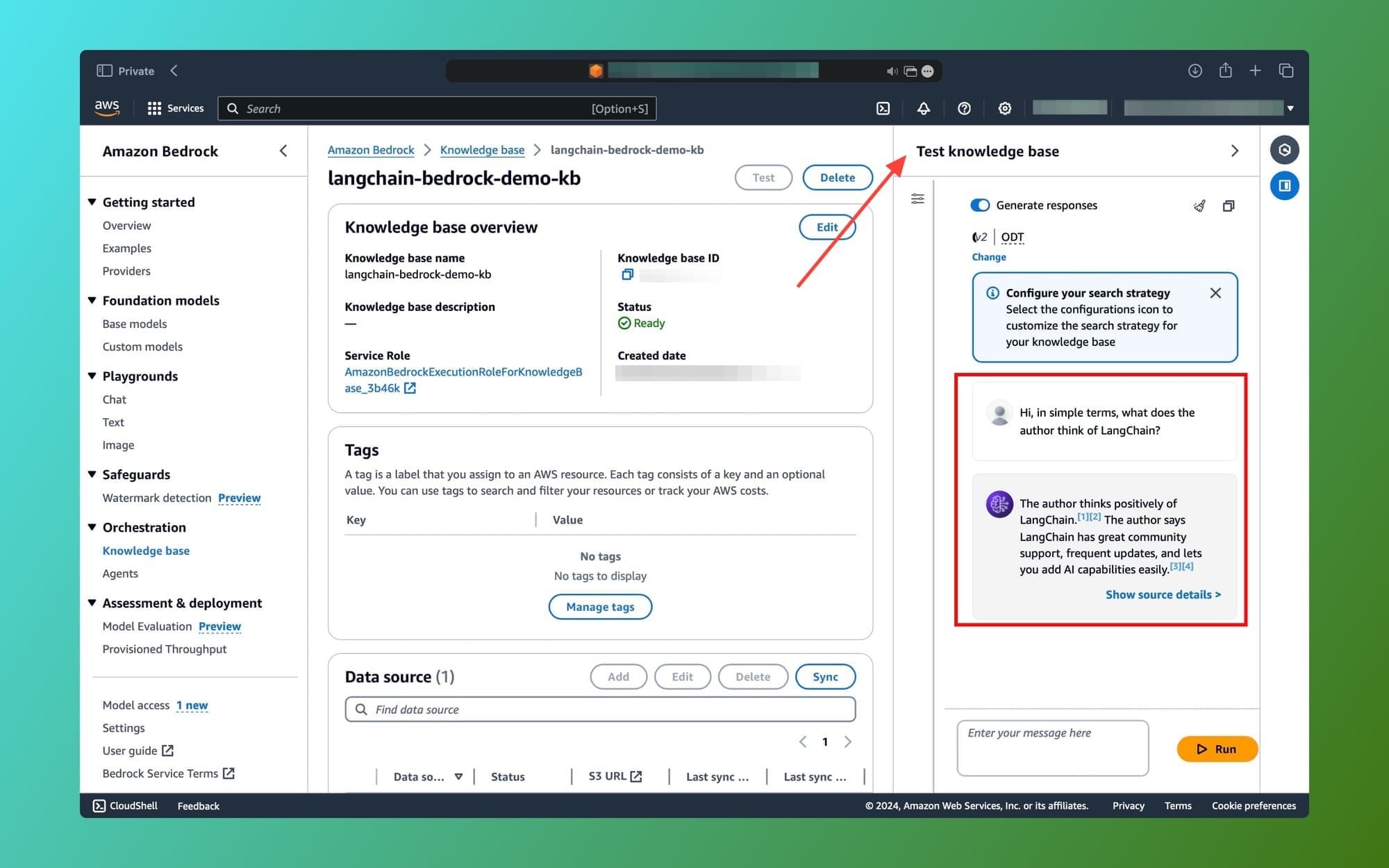 Testing RAG pipeline within Knowledge Base for Amazon Bedrock