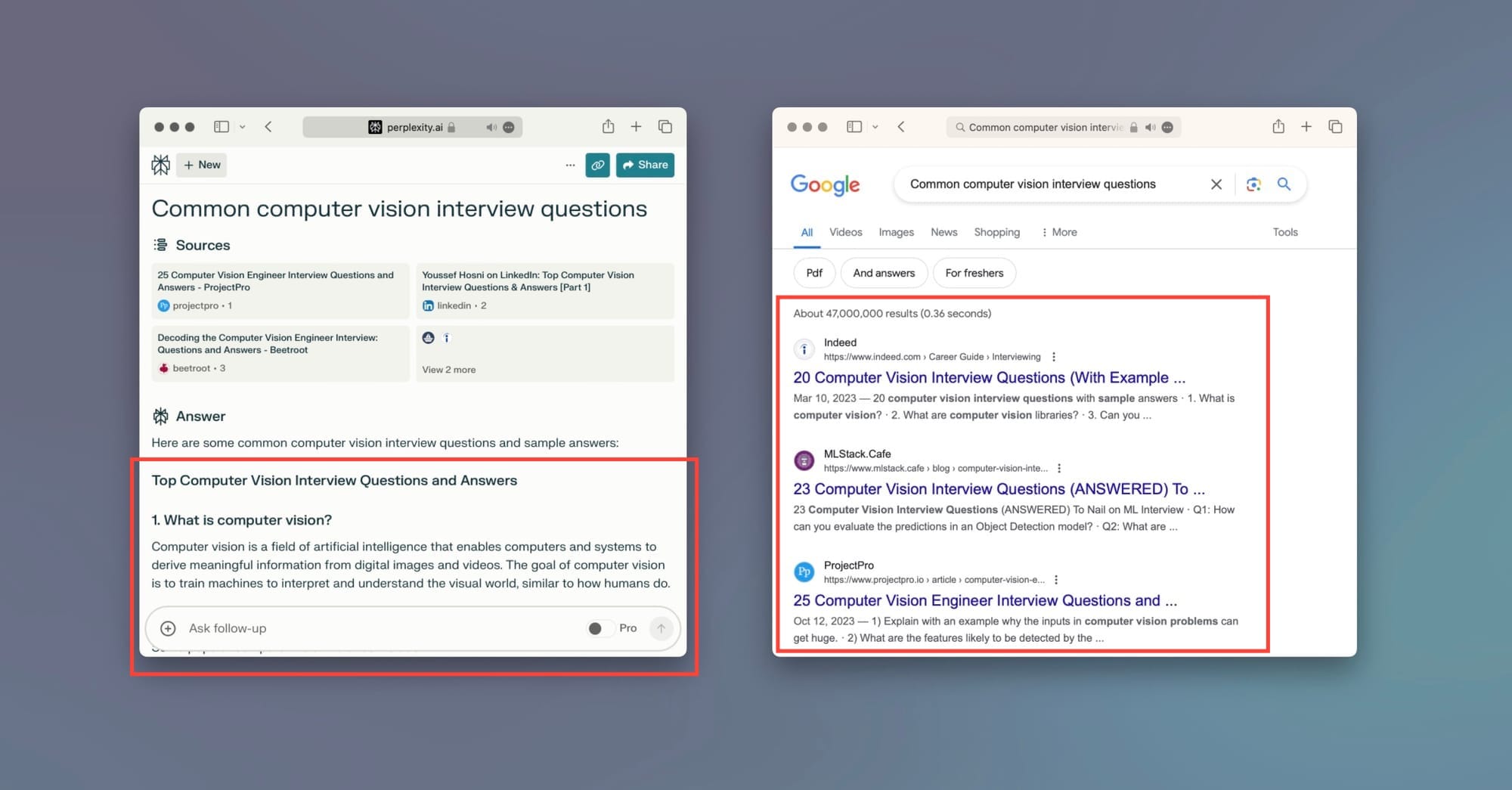 Perplexity.ai vs Google.com (Side by side search comparison)