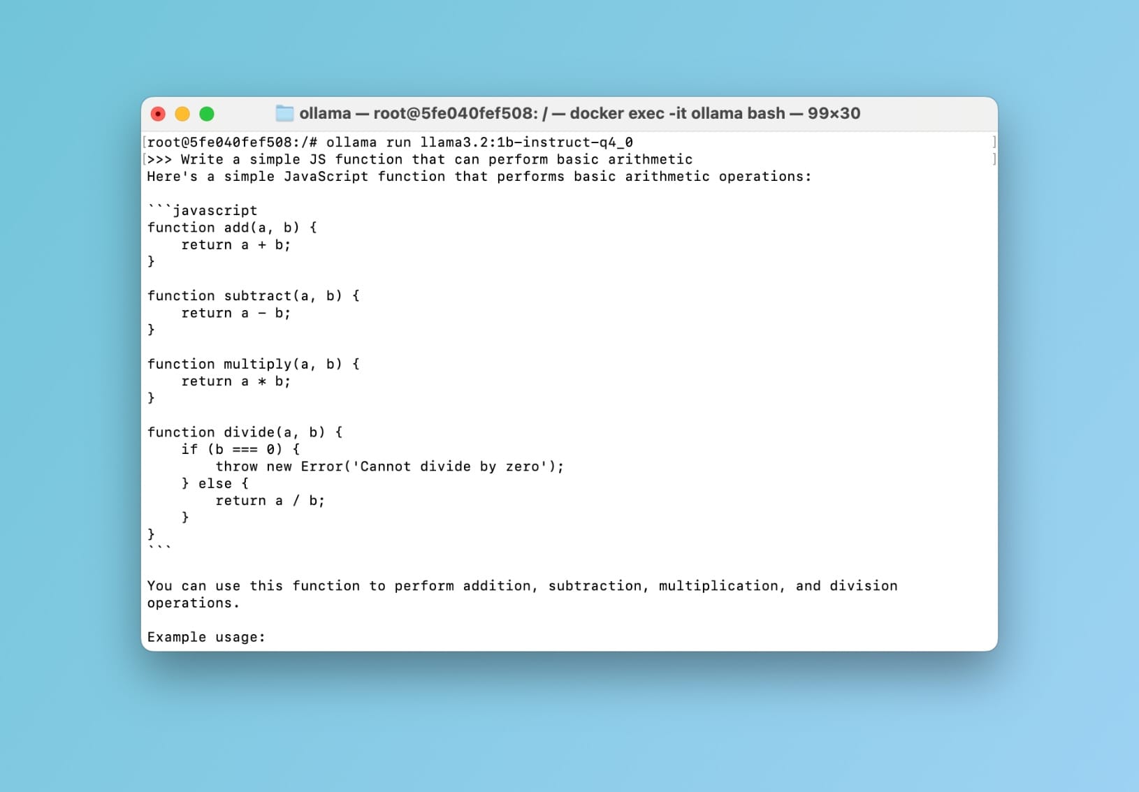 llama3.2:1b-instruct-q4_0 demo trong container ollama